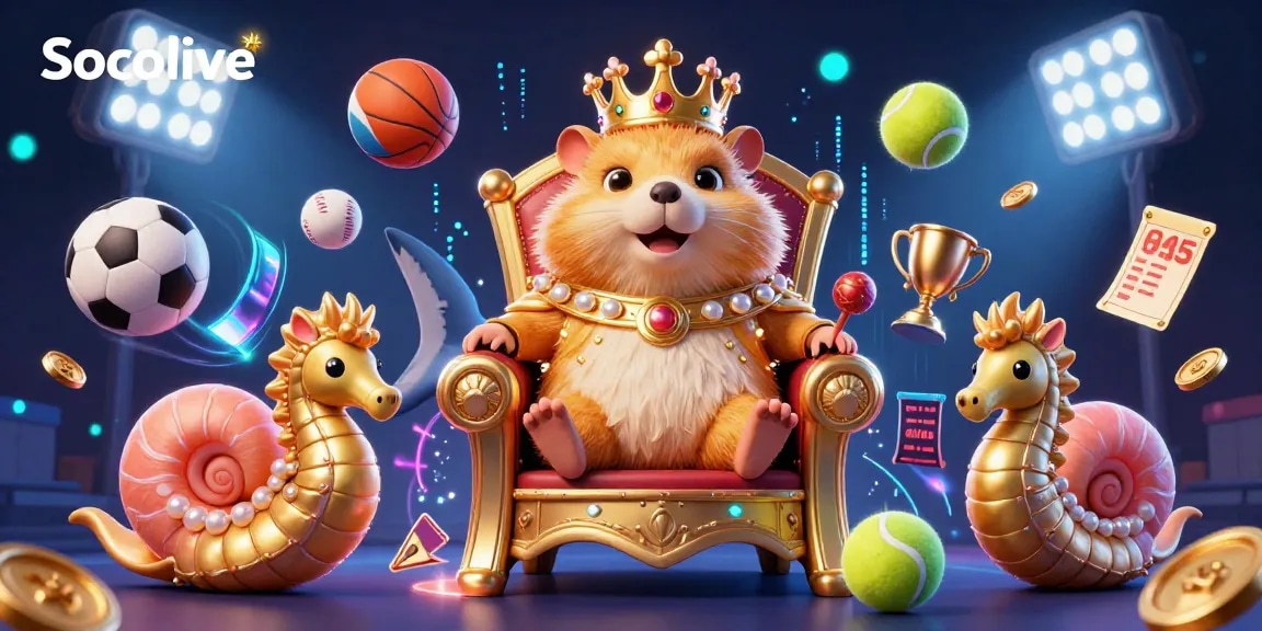 Socolive delivers an exciting 3D sports scene featuring a hamster king, dynamic sports balls, and vibrant casino elements.
