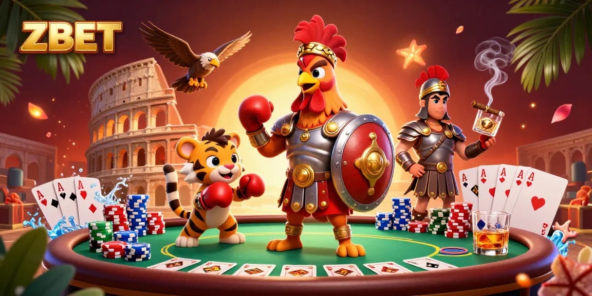 ZBET players winning at a vibrant poker table surrounded by dynamic game elements in a thrilling casino scene