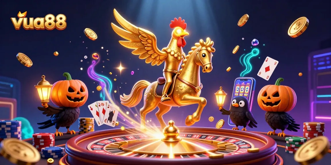Experience thrilling gameplay at vua88 with a vibrant 3D casino illustration showcasing festive characters and rich elements.