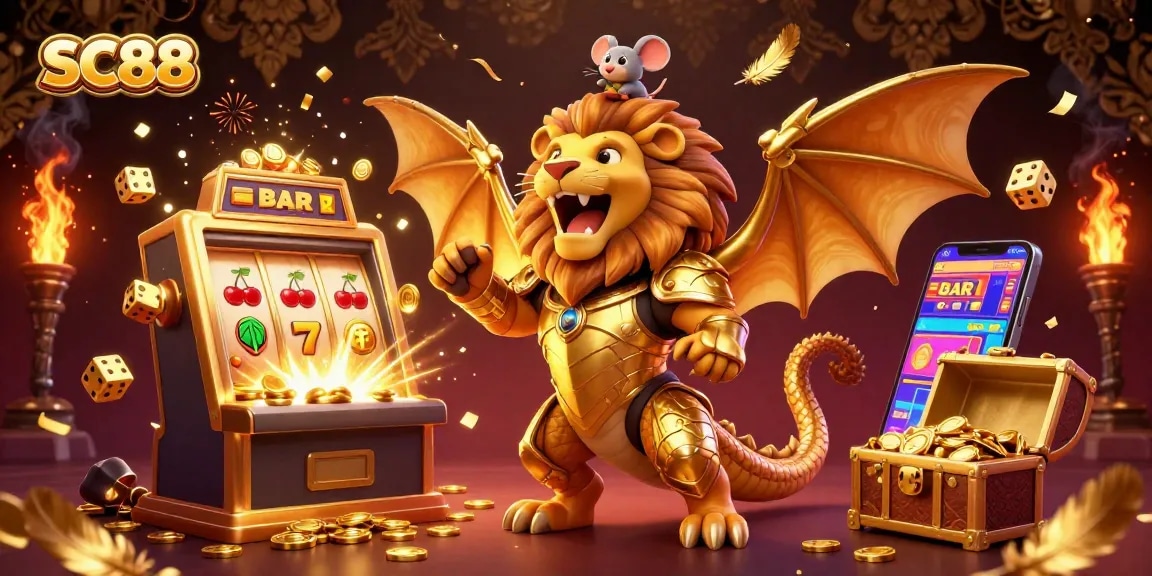 Experience the excitement of SC88 with a vibrant casino scene featuring a golden chimera and jackpot elements.