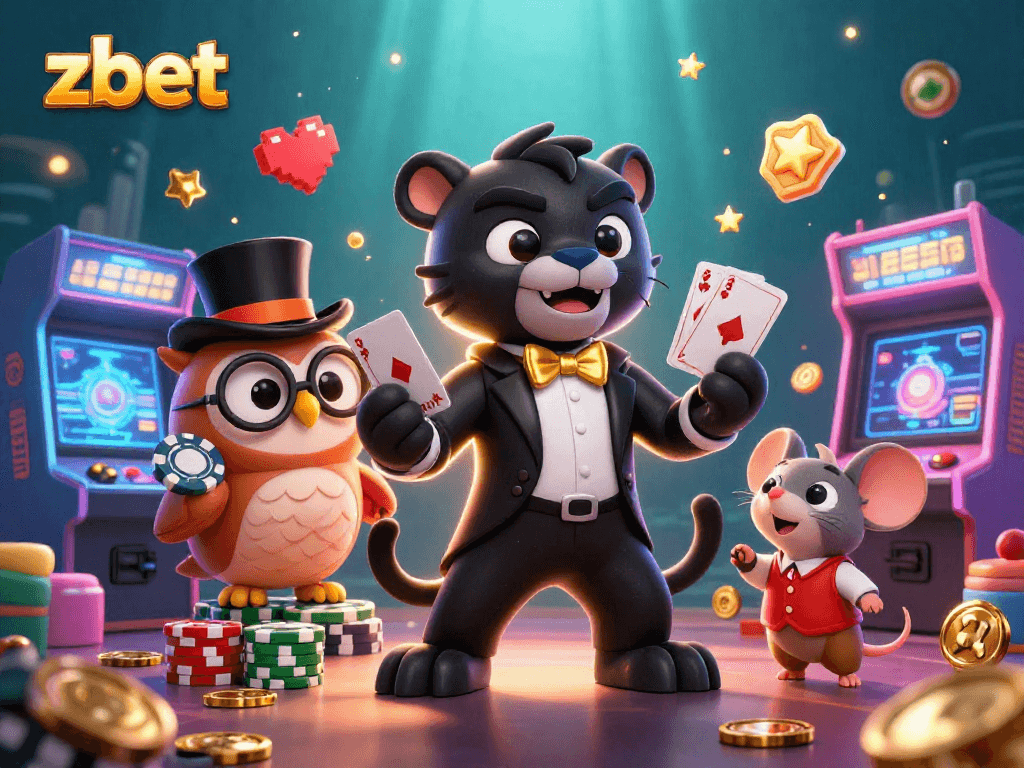 Experience thrilling games at zbet's casino, with playful characters dealing cards and vibrant game elements.