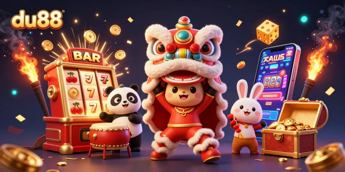 Experience thrilling wins at du88 with a vibrant lion dance and exciting slot game elements.