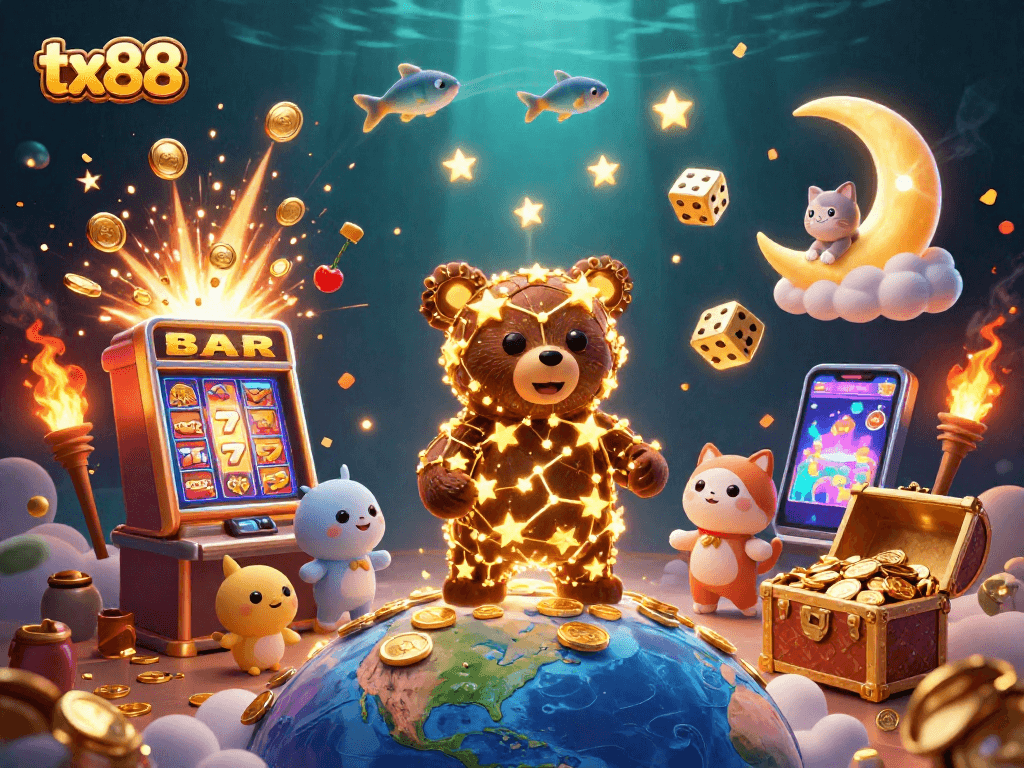 Win big with tx88 in this vibrant casino scene, featuring characters and symbols galore.