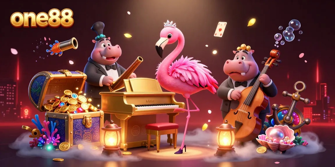 Experience the excitement of one88 with vibrant casino elements in this dynamic 3D illustration.