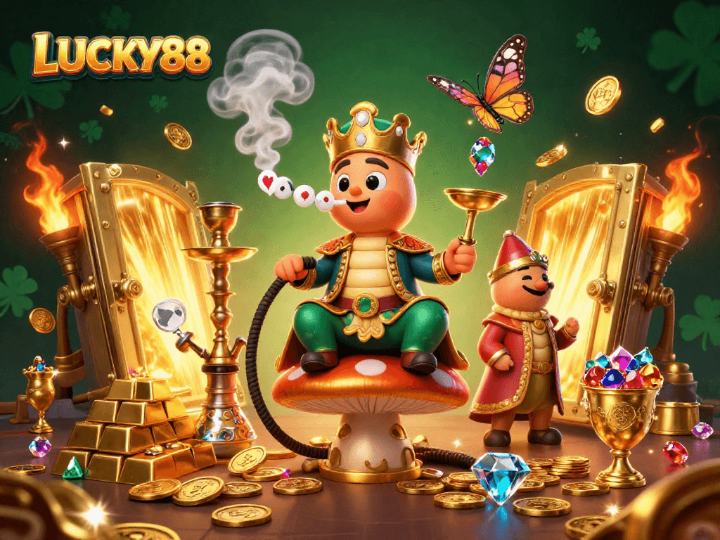 LUCKY88 attracts players with a lively 3D casino scene filled with treasures and games.