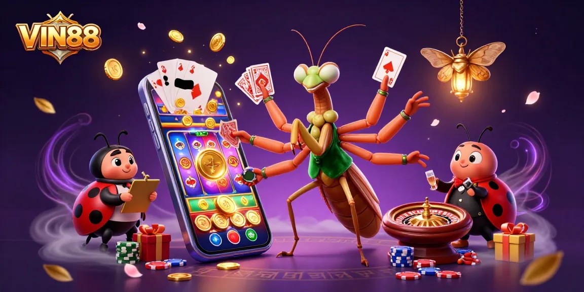 Experience a thrilling moment at VIN88 with dynamic gaming characters in a rich casino scene.