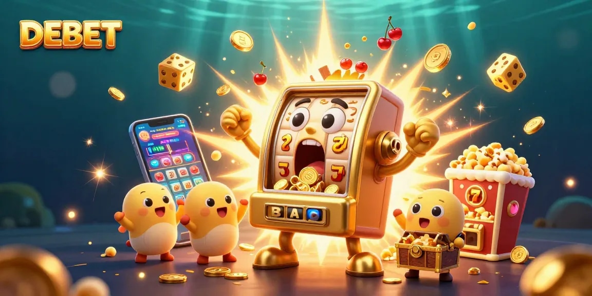 DEBET celebrates big wins with a golden slot machine casting coins and cheering mini-machines in a dynamic casino scene.