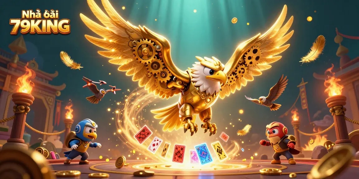 Engage with Nhà cái 79KING in a vibrant 3D casino scene showcasing a golden eagle and drone falcons.
