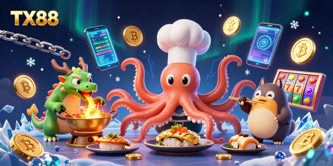 Engage with TX88's vibrant casino illustration showcasing a whimsical octopus chef and a dragon in action.