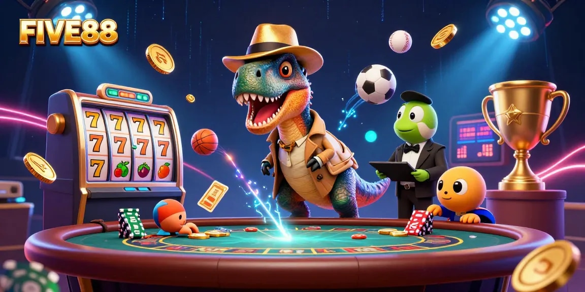 Experience thrilling action with FIVE88 where a clever velociraptor counts cards at a dynamic casino scene.