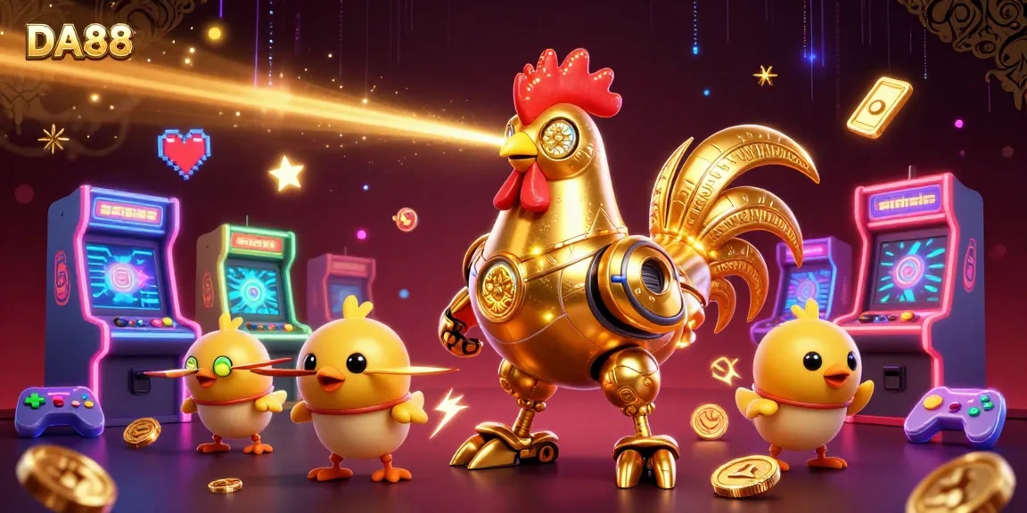Engage in thrilling gaming at DA88 with the golden rooster robot and arcade games.