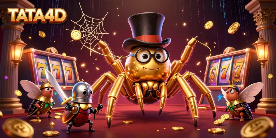 TATA4D showcases vibrant casino adventure with a golden tarantula and beetle knight amid thrilling slots.