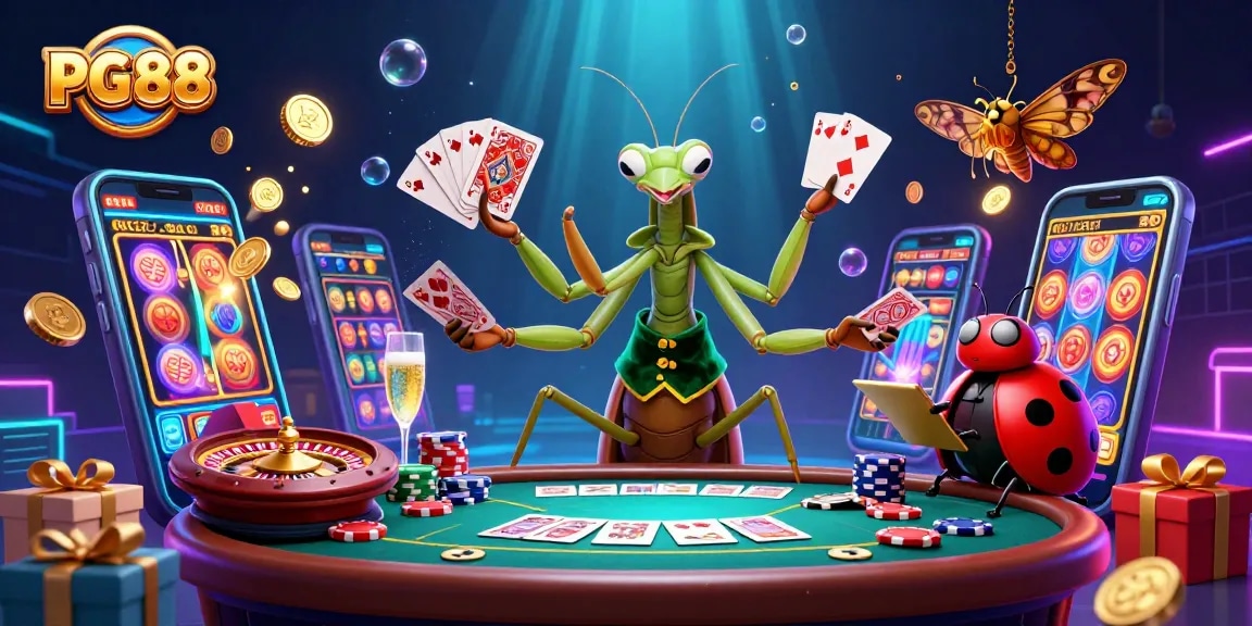 Experience sleek gaming adventures with PG88, featuring a praying mantis card sharp and a ladybug pit boss in a crowded casino scene.