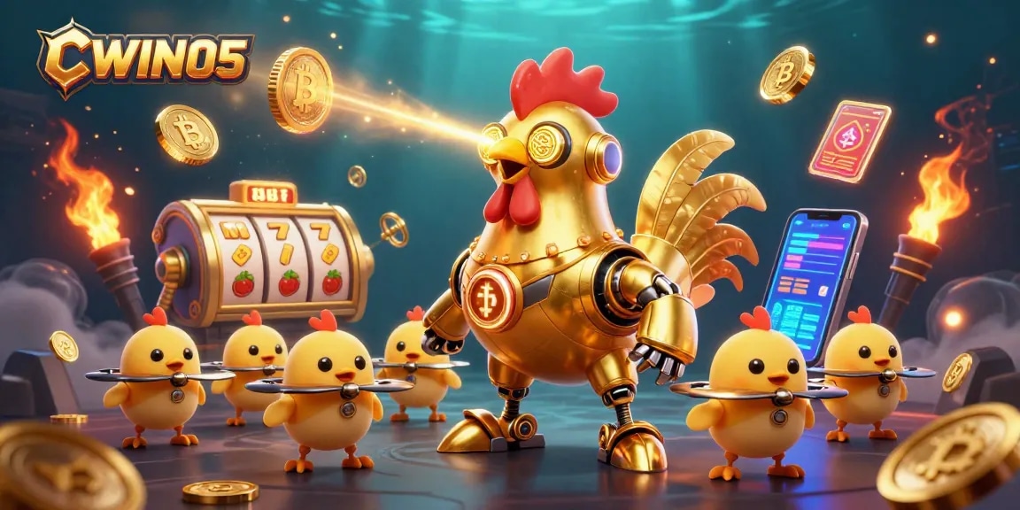 CWIN05 engages players with thrilling slot games featuring golden rooster robot and neon crypto coins.