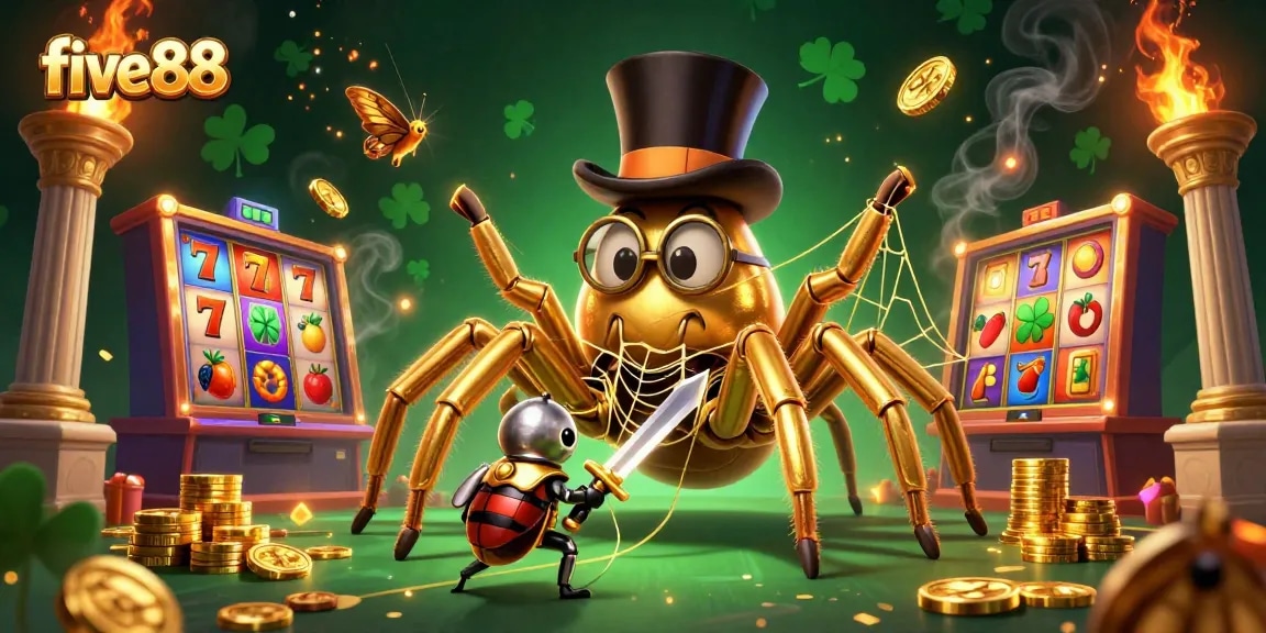 Experience thrilling gaming adventures at five88 with a whimsical illustration featuring cartoon characters and vibrant slot machines.