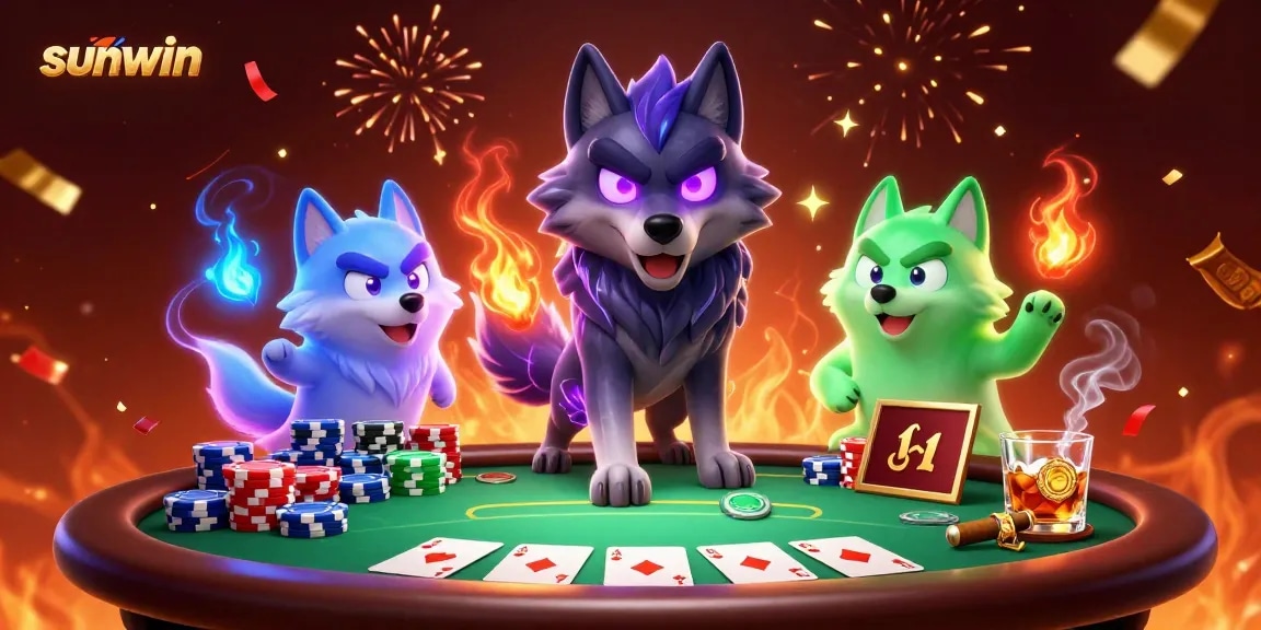 Experience the excitement of sunwin poker with ghostly wolves at a vibrant gaming table.