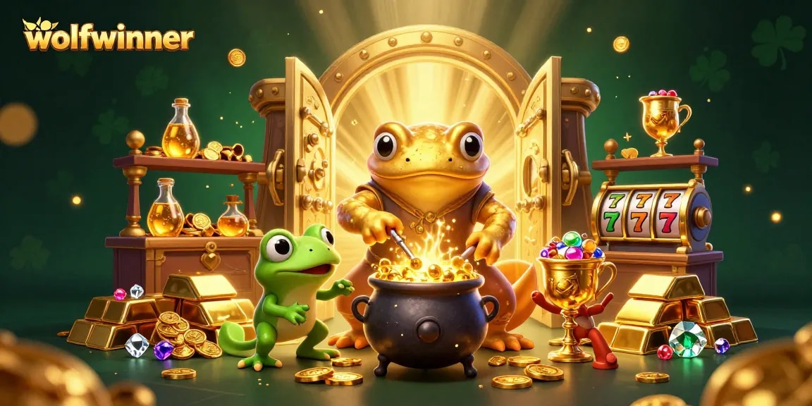 Experience the magic of wolfwinner with a golden salamander alchemist in a rich casino landscape.