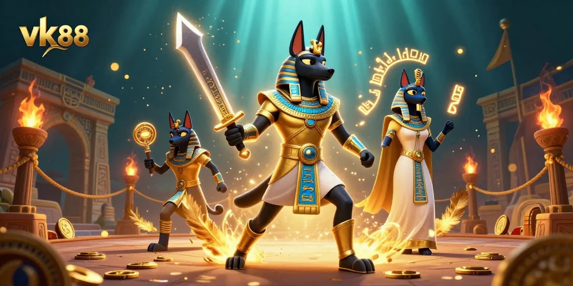Engage with thrilling adventures in vk 88, featuring Anubis and Bastet in a dynamic casino scene.