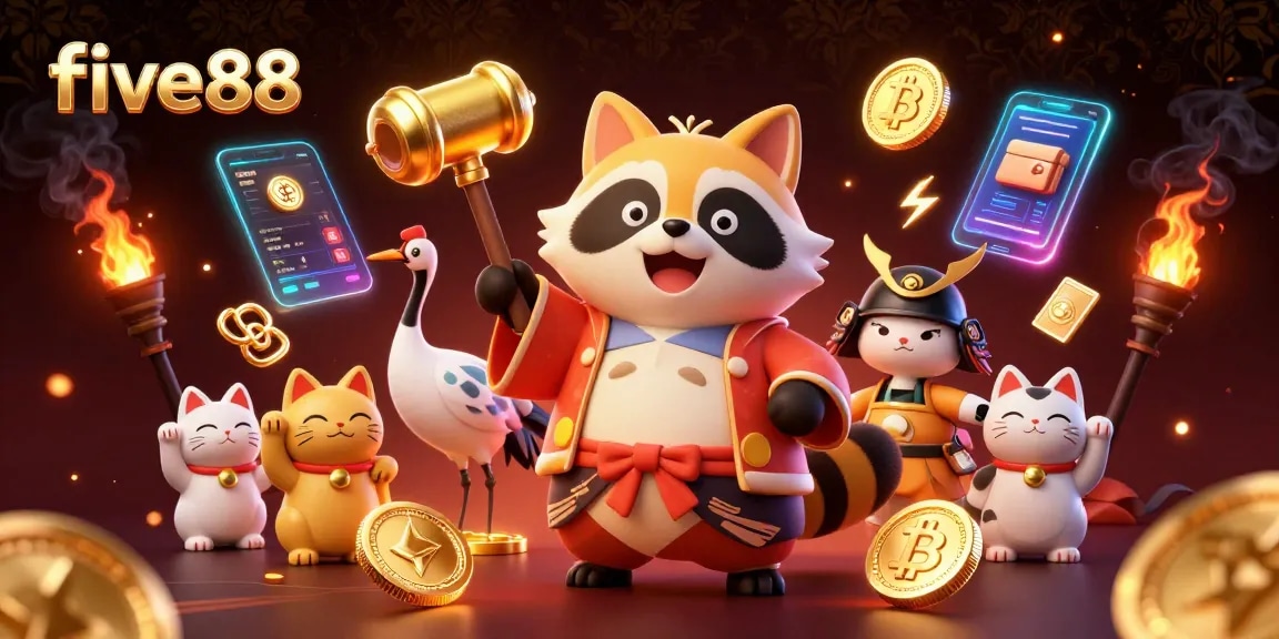 Experience the thrill of five88 with vibrant characters, crypto elements, and traditional fortune symbols.