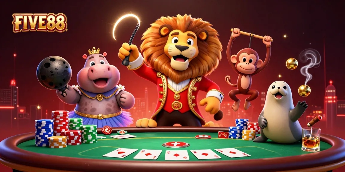 Play with poker and dynamic casino elements featuring FIVE88 in a vibrant illustration.
