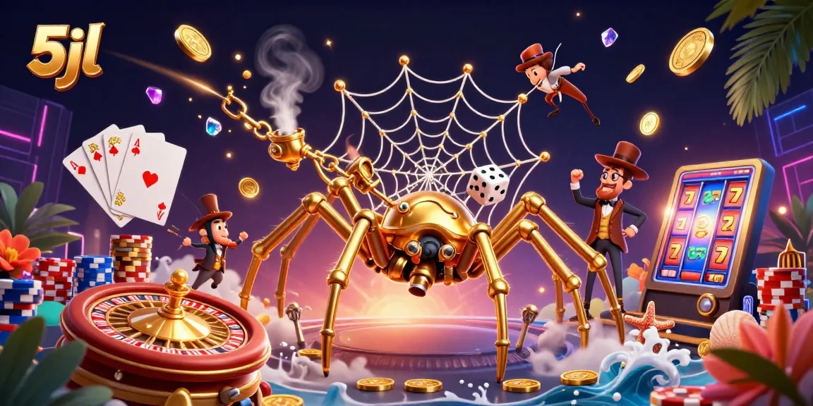 Experience thrilling gameplay at 5jl with an intricate spider web of golden chains and poker chips.