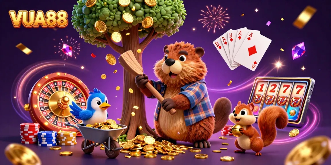Join VUA88's exciting gameplay with a lively scene of animated characters and thrilling casino elements.