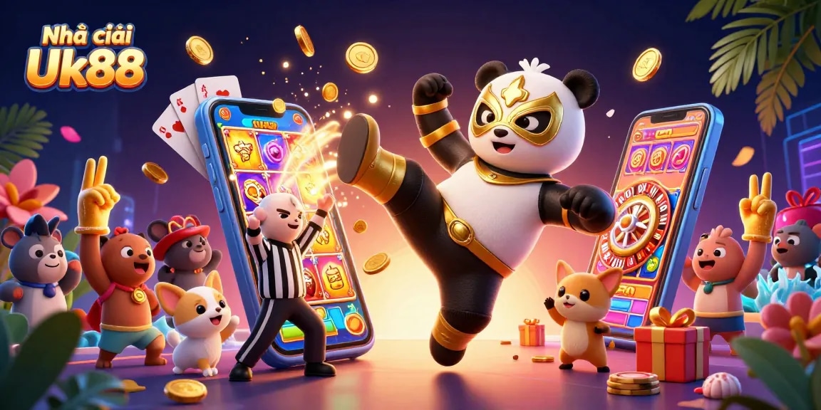 Engage with Nhà cái Uk88's vibrant casino scene featuring dynamic characters and a lively gambling atmosphere.