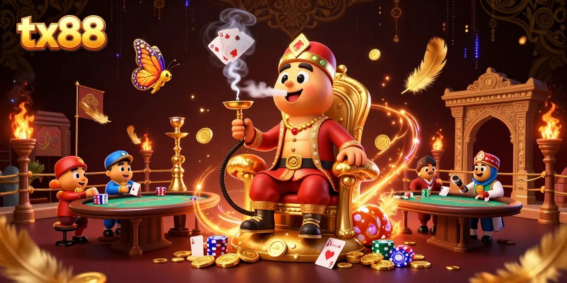 Experience thrilling poker action with tx88's vibrant 3D illustration showcasing a whimsical gambling scene.