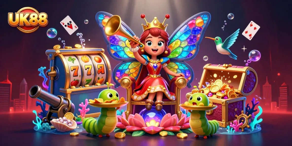Experience thrilling slot gameplay with UK88's vibrant casino scene featuring a butterfly queen and treasures.