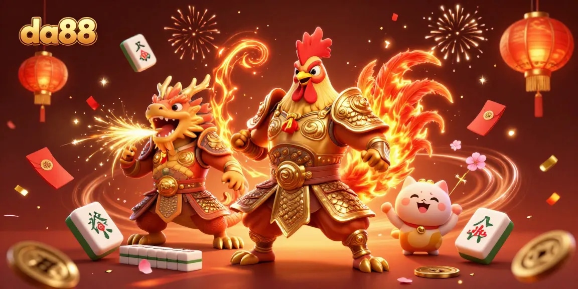 Experience excitement at da88 with a dynamic scene featuring casino warriors and festive elements.