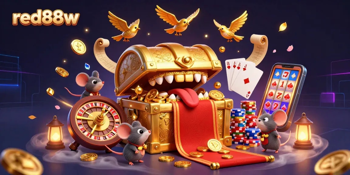 Experience gaming excitement with red88w, showcasing a vibrant 3D casino scene filled with treasures and chaotic fun.