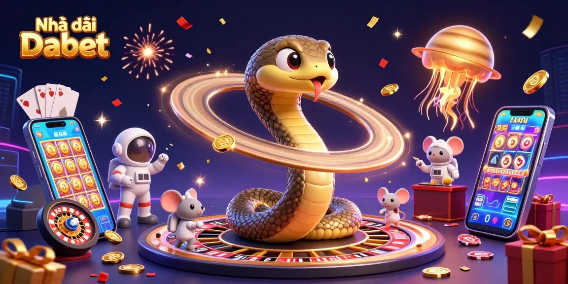 Engaging scene of Nhà cái Dabet with a Saturn ring snake and astronaut mice gambling, showcasing vibrant casino elements.