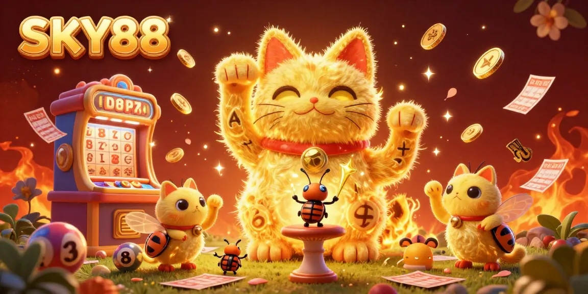 Engage with the vibrant SKY88 gaming scene, highlighted by a golden lucky cat of casino symbols and lottery elements.