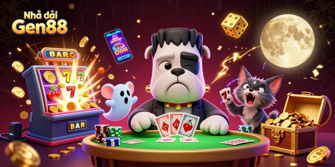 Nhà cái Gen88 showcases a vibrant 3D casino scene with thrilling card games and animated characters.