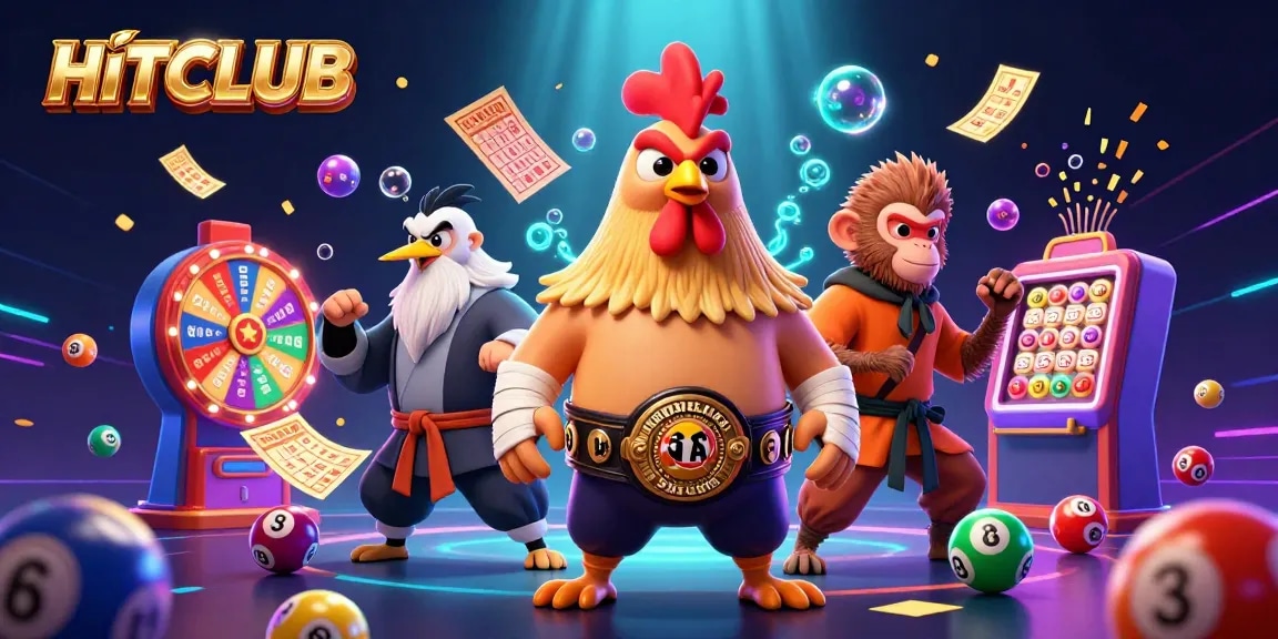 Experience the excitement of HITCLUB with vibrant scenes of colorful lottery balls and dynamic casino elements.