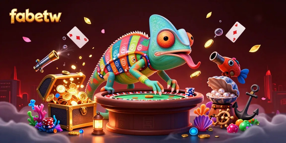 Engage with fabetw as the chameleon casino owner entices players with vibrant games and golden coins.