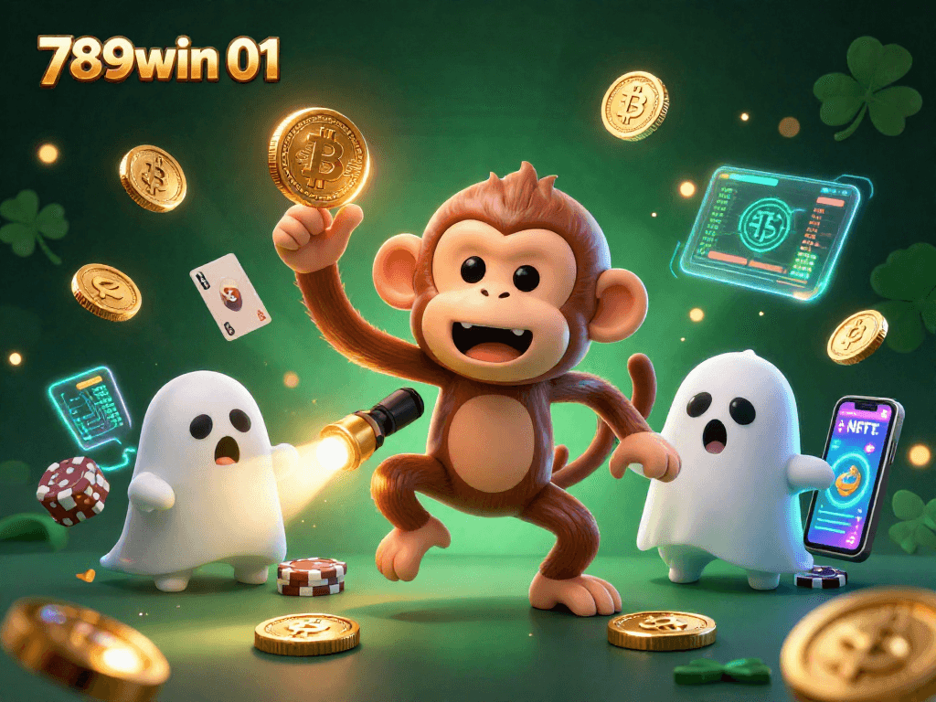 Engage with thrilling wins at 789win 01, showcasing a ghost-hunter puppy and a poltergeist monkey in a vibrant casino.