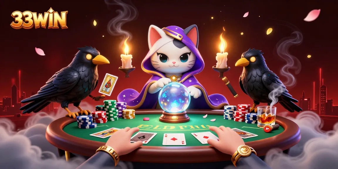 Engage with 33WIN for thrilling poker action featuring mystic characters and vibrant gambling elements.