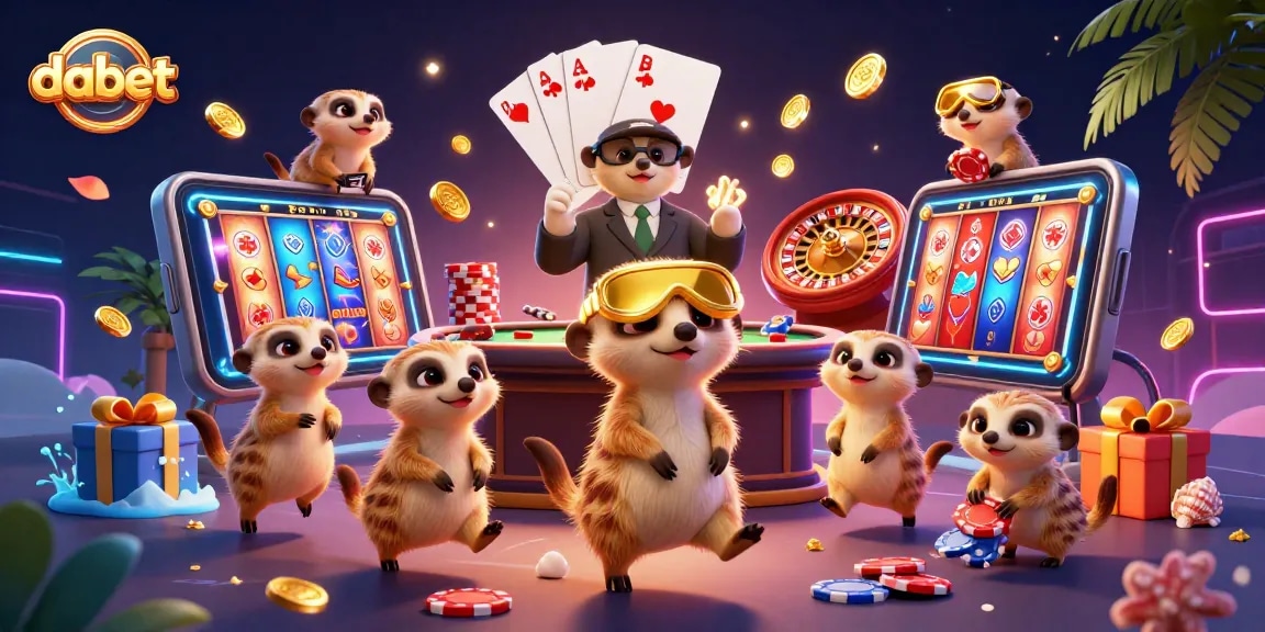 Dabet's colorful casino scene features meerkats running games with dynamic slot elements.