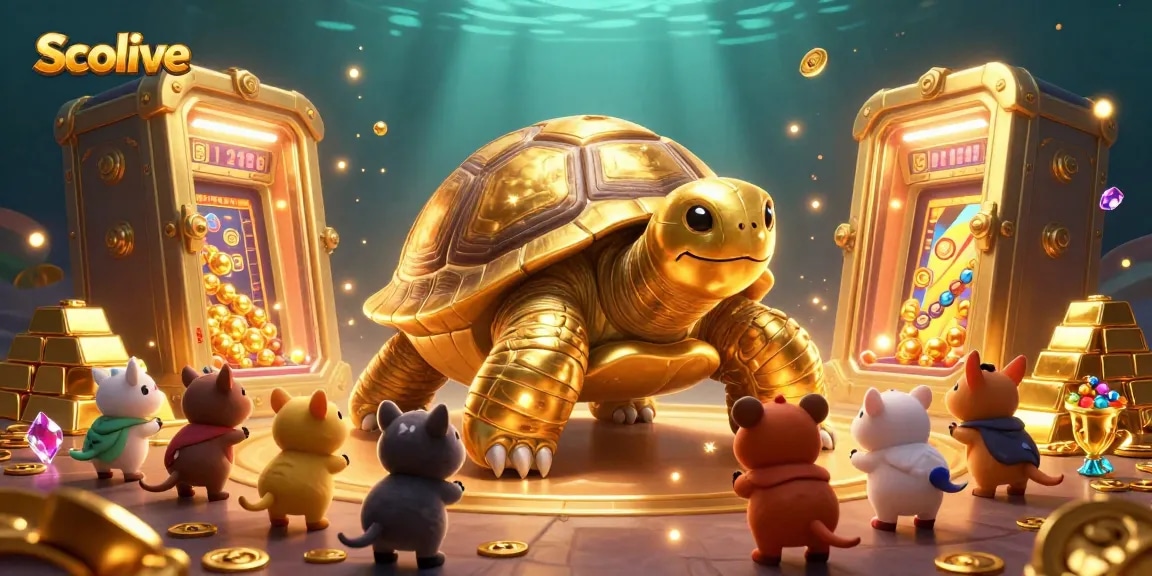Socolive's thrilling cartoon scene of a golden tortoise pinball machine surrounded by treasure vaults and eager players.