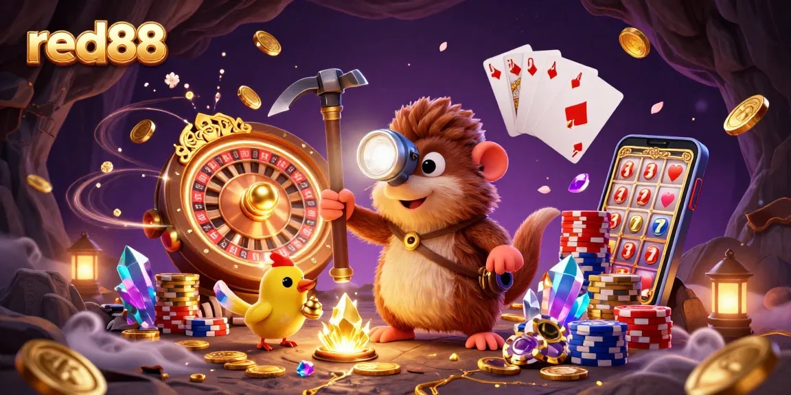 Red88 offers an exhilarating casino experience, showcasing a vibrant treasure hunting scene filled with golden coins and gems.