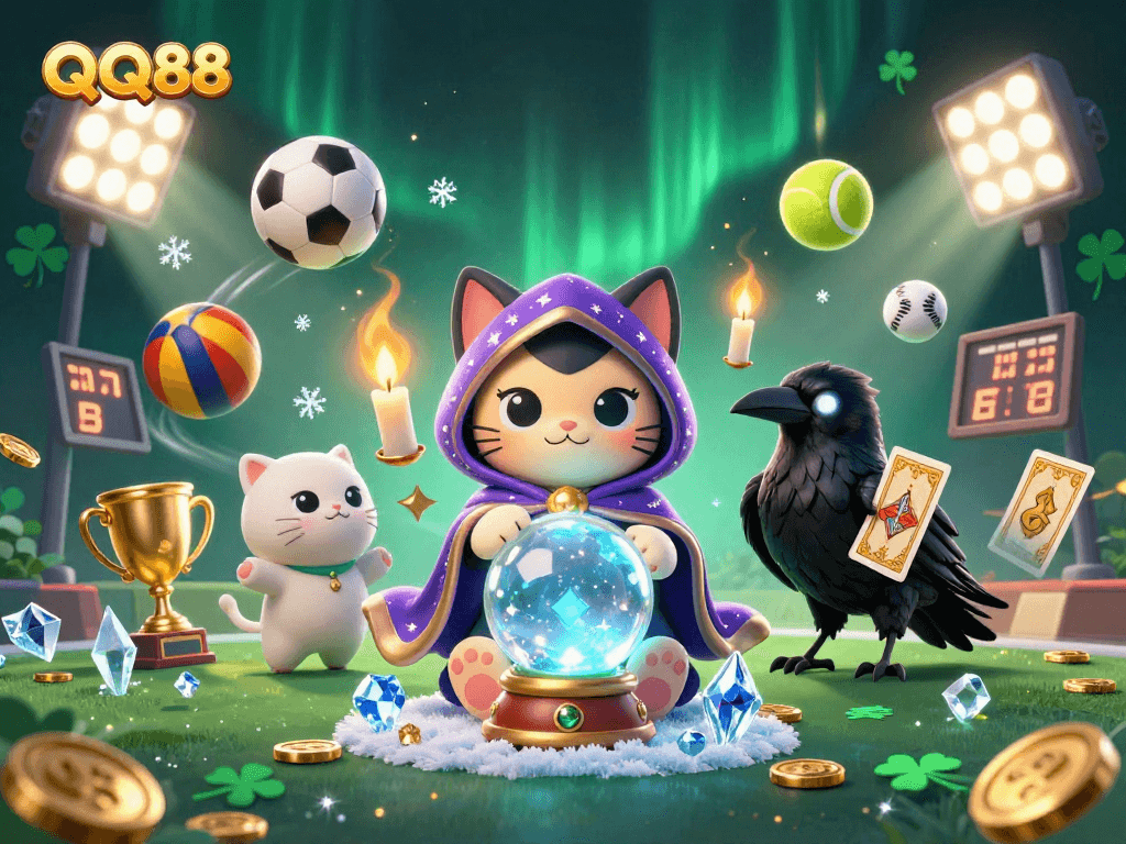 Engage with QQ88 in an action-packed 3D casino scene featuring mystical elements and sports betting excitement.