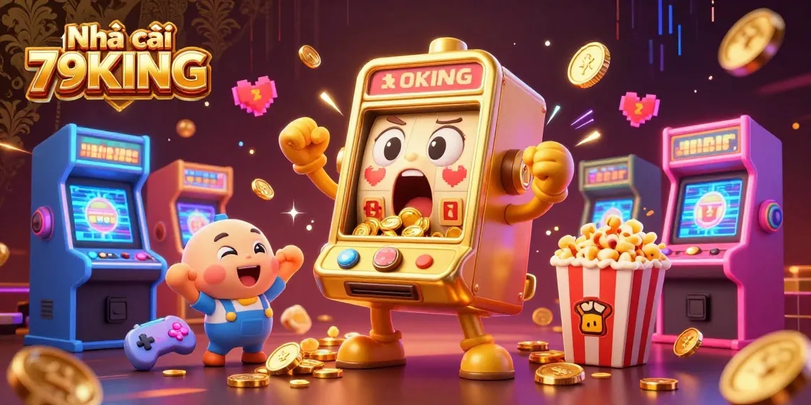 Experience the thrill with Nhà cái 79KING as cartoon slot machines celebrate a jackpot amidst a vibrant arcane landscape.