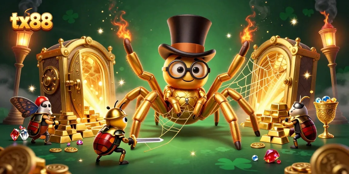 tx88 showcases a vibrant casino scene featuring a giant golden tarantula and a beetle knight amidst treasures.