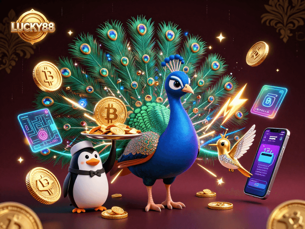 Engage with LUCKY88 through vibrant scenes adorned with crypto coins and dynamic casino elements.