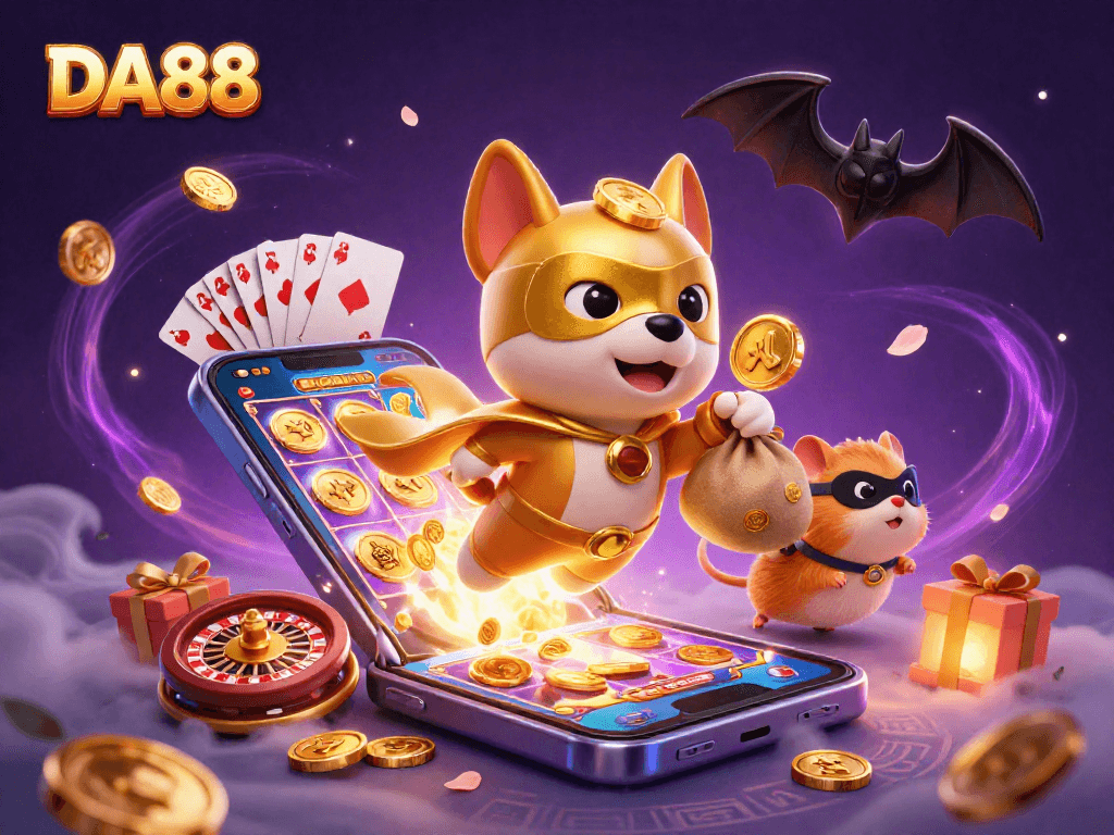 Engage with DA88's thrilling gaming scene featuring a superhero dog and hamster amidst a vibrant casino illustration.