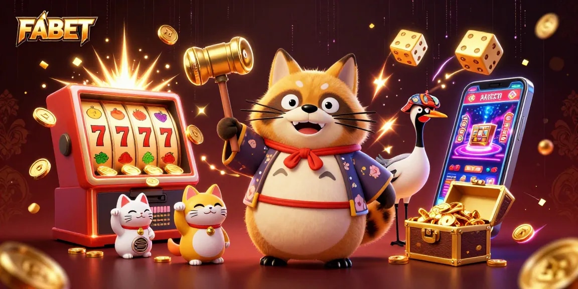 FABET showcases a vibrant slot scene with a lucky tanuki and festive symbols bursting with energy.