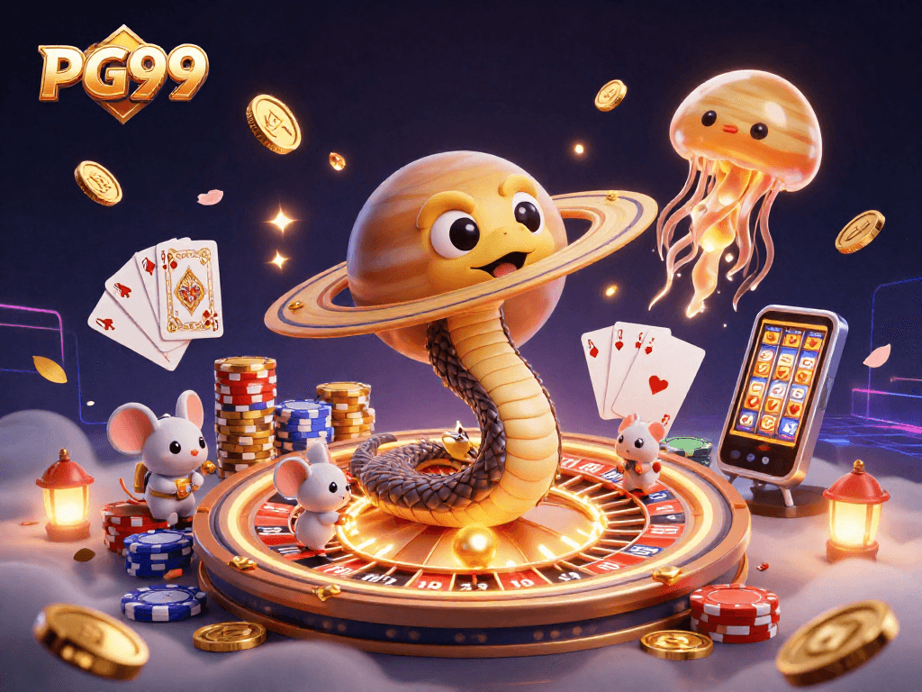 Engaging PG99 casino scene with characters placing bets on a roulette wheel among golden coins and poker elements.