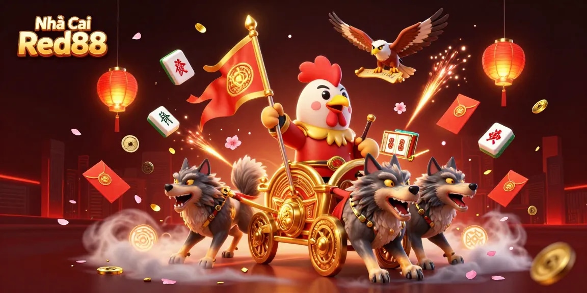 Experience rich action at Nhà cái Red88 with a dynamic illustration featuring vibrant games and characters.