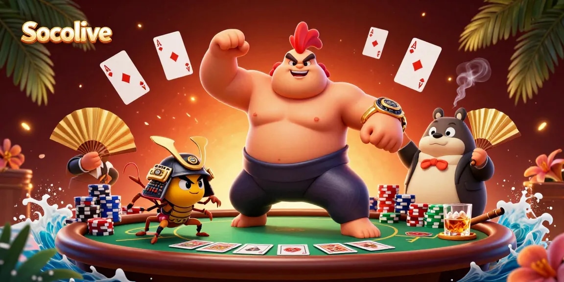 Socolive presents an exciting poker scene with powerful characters and vibrant game elements capturing the thrill of gambling.